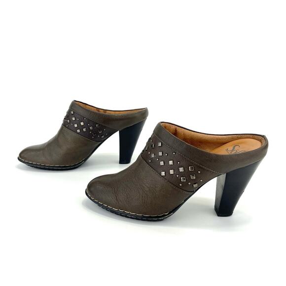 Sofft Soleil High Heel Clog/Mule Size 7.5 Brown/Green Leather Cushioned Studded - Picture 15 of 15
